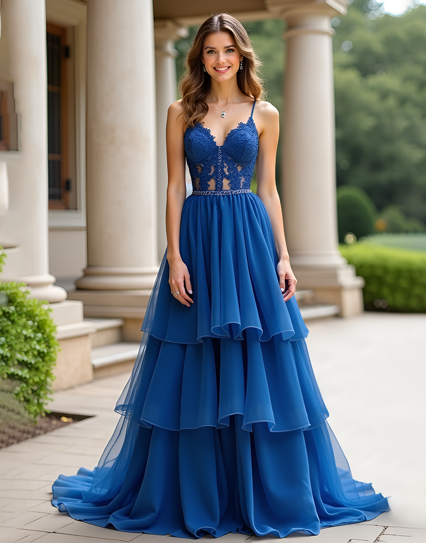 Sparkly Dark Blue A-Line Spaghetti Straps Beaded Long Prom Dress With Ruffles
