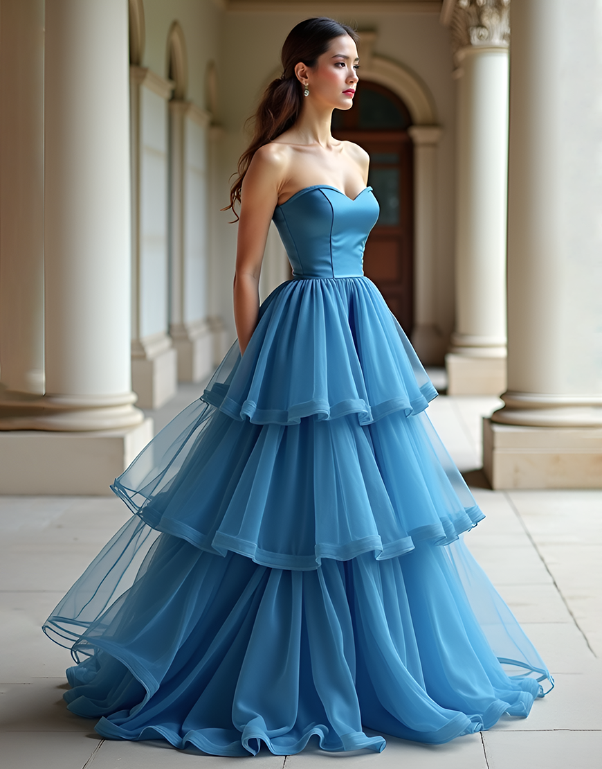 A-Line Blue Strapless Long Tulle Prom Dress With Ruffles