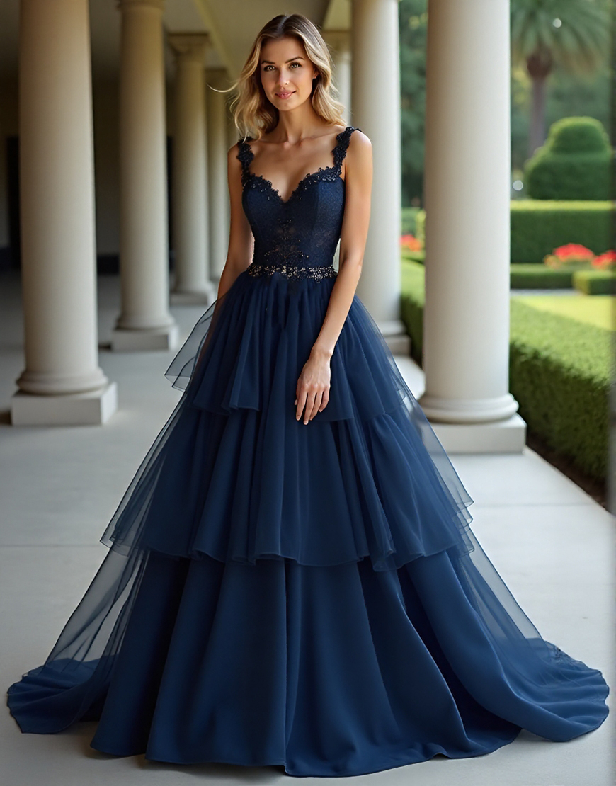 Sparkly Navy A-Line Lace Straps Sequined Long Prom Dress With Ruffles