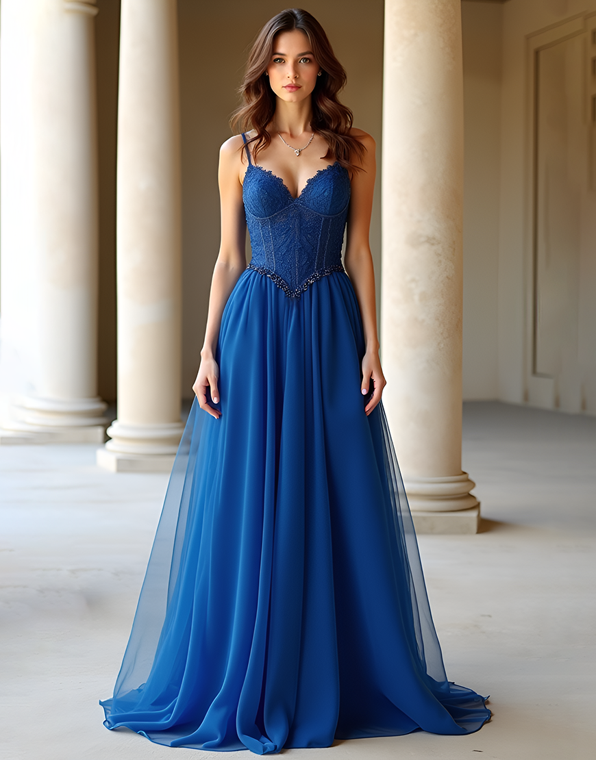 Sparkly Dark Blue A-Line Spaghetti Straps Sequined Corset Long Prom Dress With Appliques