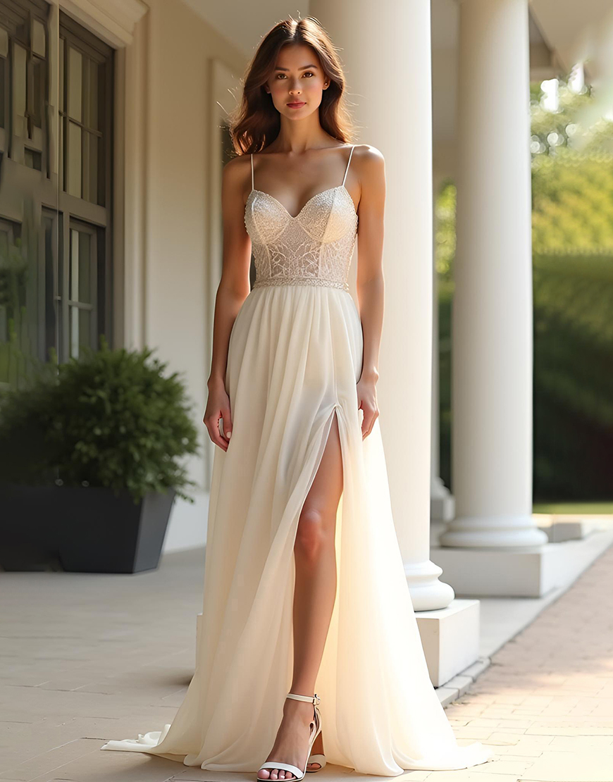 Champagne A-Line Spaghetti Straps Corset Long Prom Dress With Slit