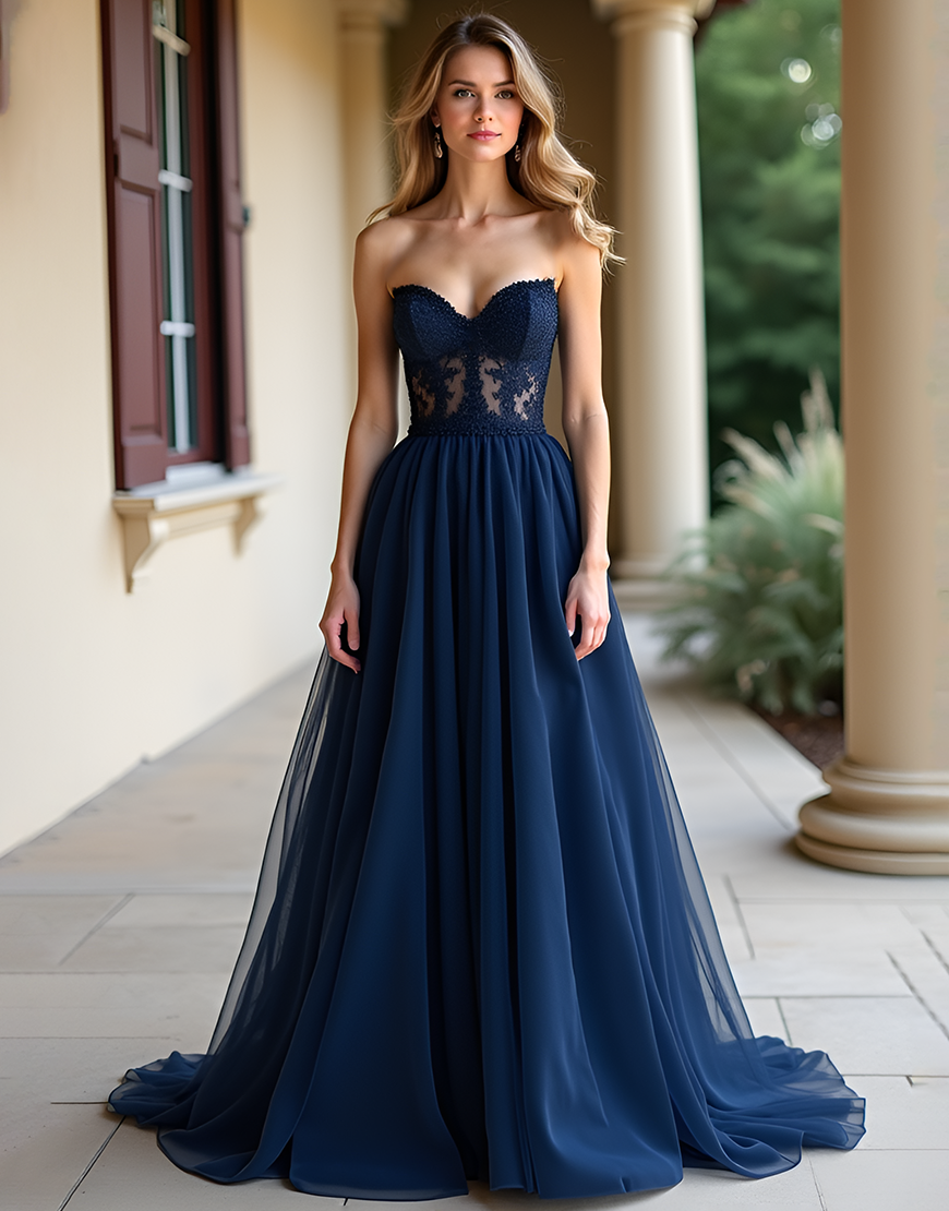 Navy A-Line Sweetheart Corset Long Prom Dress With Appliques