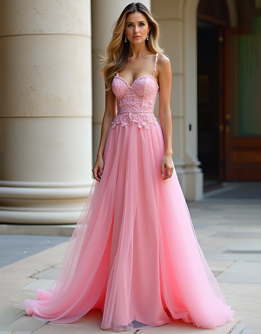 Pink A-Line Spaghetti Straps Tulle Long Prom Dress with Lace Appliques