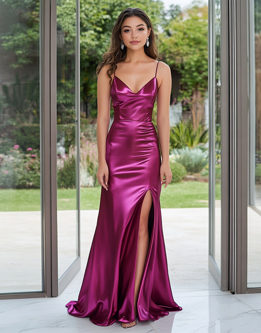 Dark Purple V-Neck Sheath Long Prom Dress with Slit