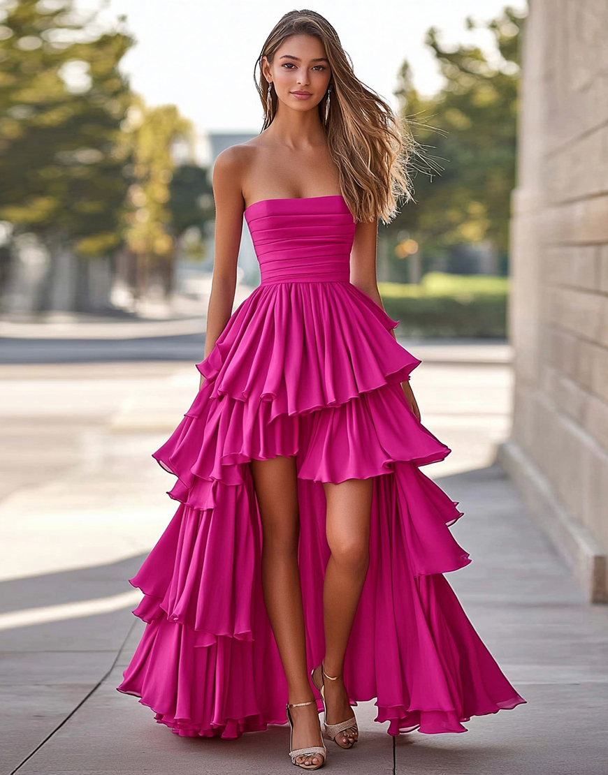 Fuchsia A-Line Strapless Pleating Ruffles High-Low Prom Dress