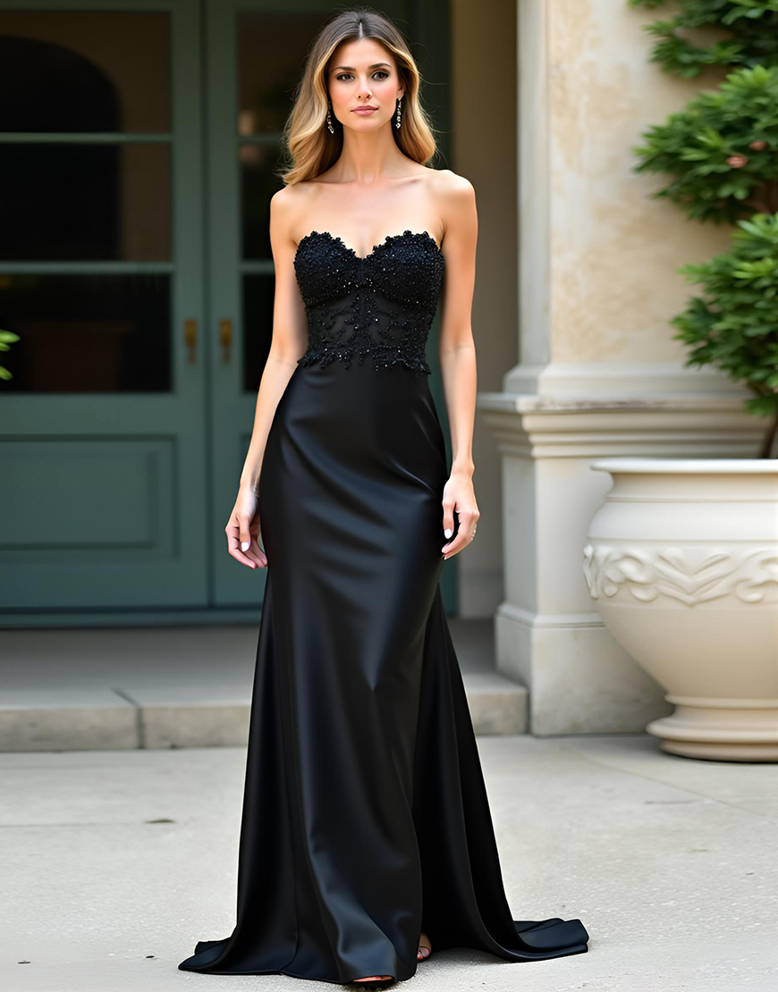 Sparkly Black Mermaid Sweetheart Satin Long Prom Dress with Beaded Appliques