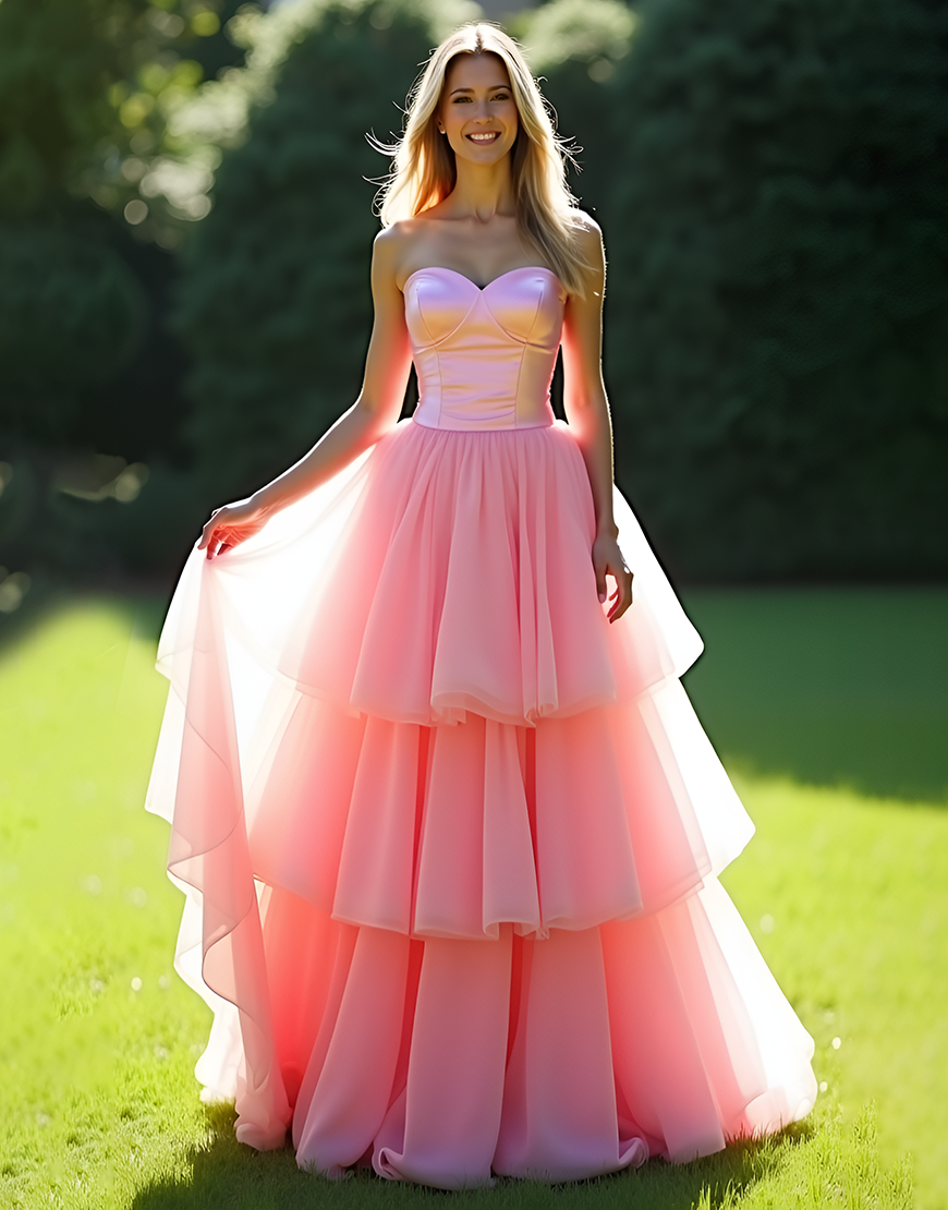 Princess Pink A-Line Strapless Ruffles Tulle Ball Gown