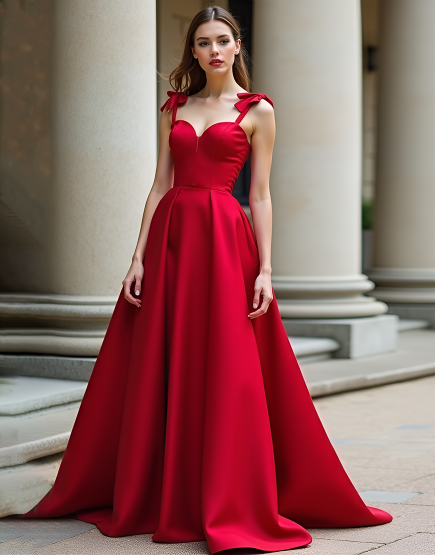 Red A-Line Bow Tie Spaghetti Straps Satin Long Prom Dress