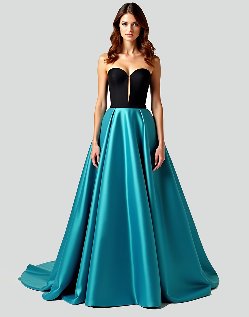 Black Peacock Blue A Line Strapless Pleating Long Prom Dress with Hollow Out