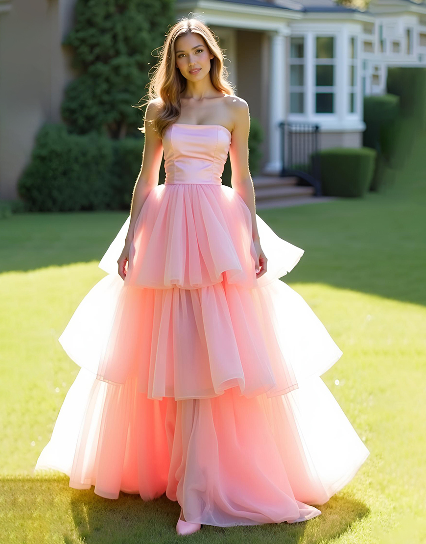 Ball Gown Pink Ruffles Tulle Strapless Long Prom Dress
