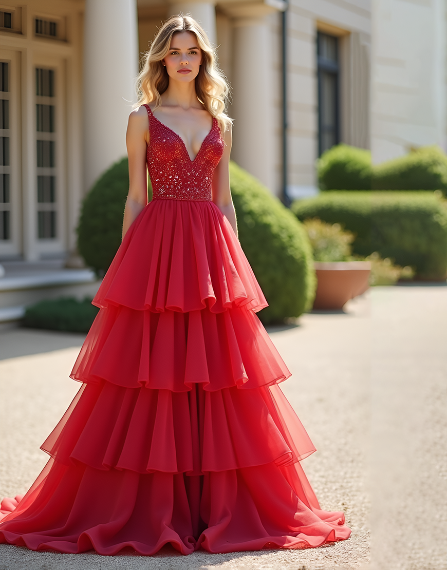 Sparkly Red A-Line Spaghetti Straps Ruffles Tulle Ball Gown with Beading