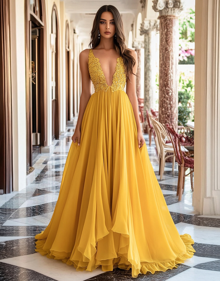 Yellow Ball Gown Deep V Neck Pleating Long Prom Dress with Appliques