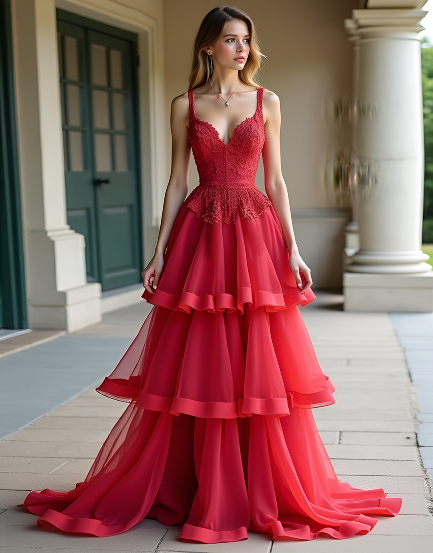 Red A-Line Spaghetti Straps Ruffles Tulle Long Prom Dress with Lace