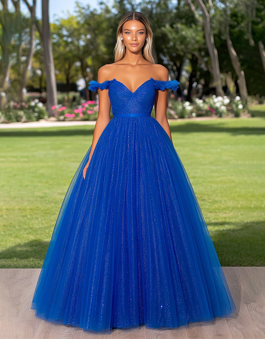 Sparkly Royal Blue Ball Gown Off the Shoulder Tulle Long Prom Dress