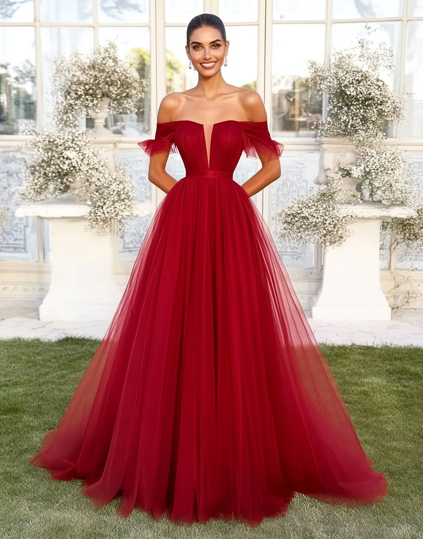 Red A-Line Off the Shoulder Tulle Ball Gown
