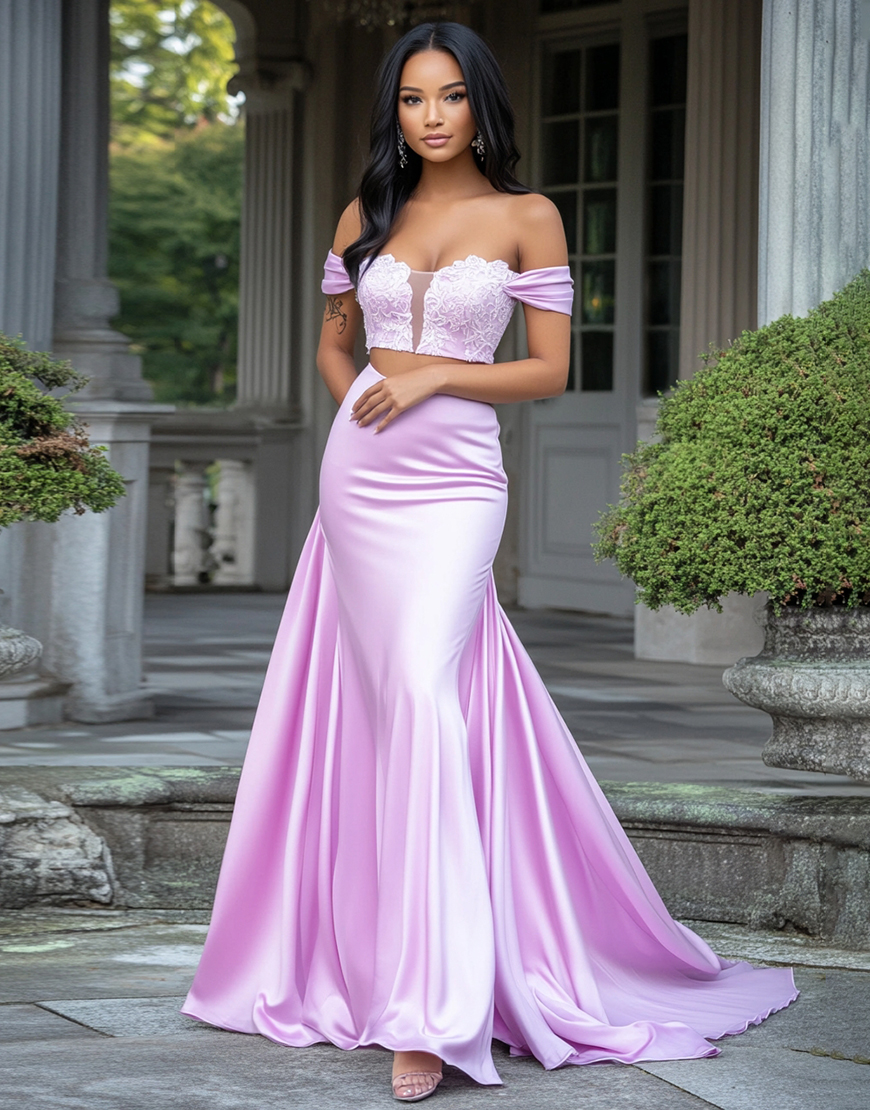 Lilac Mermaid Off the Shoulder Satin Long Prom Dress with Lace