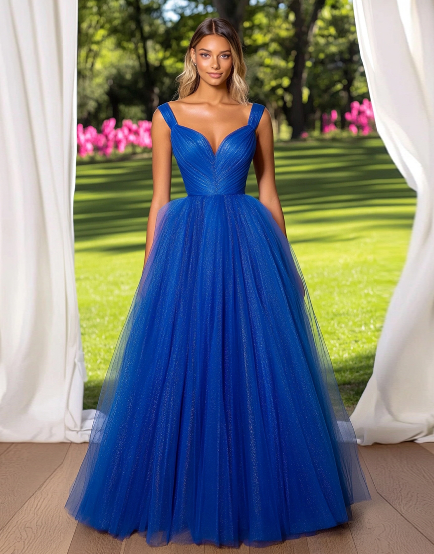 Sparkly Royal Blue Ball Gown V-Neck Tulle Long Prom Dress