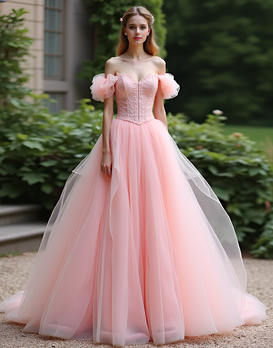 Sparkly Pink Ball Gown Tulle Lace Long Prom Dress with Ruffles