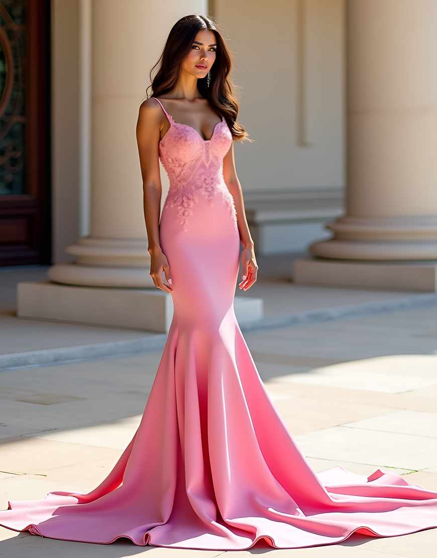 Pink Mermaid Spaghetti Straps Satin Long Prom Dress with Appliques