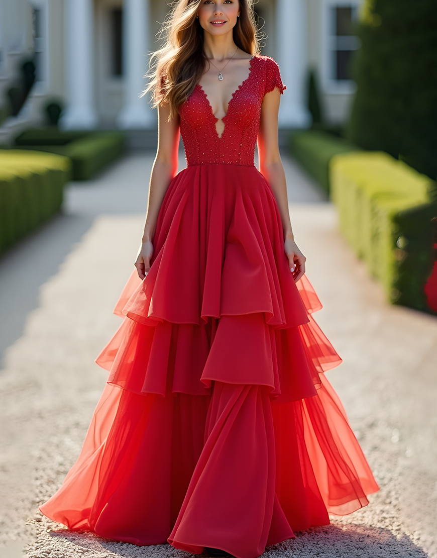 Sparkly Red A-Line V-Neck Ruffles Tulle Long Prom Dress with Beaded