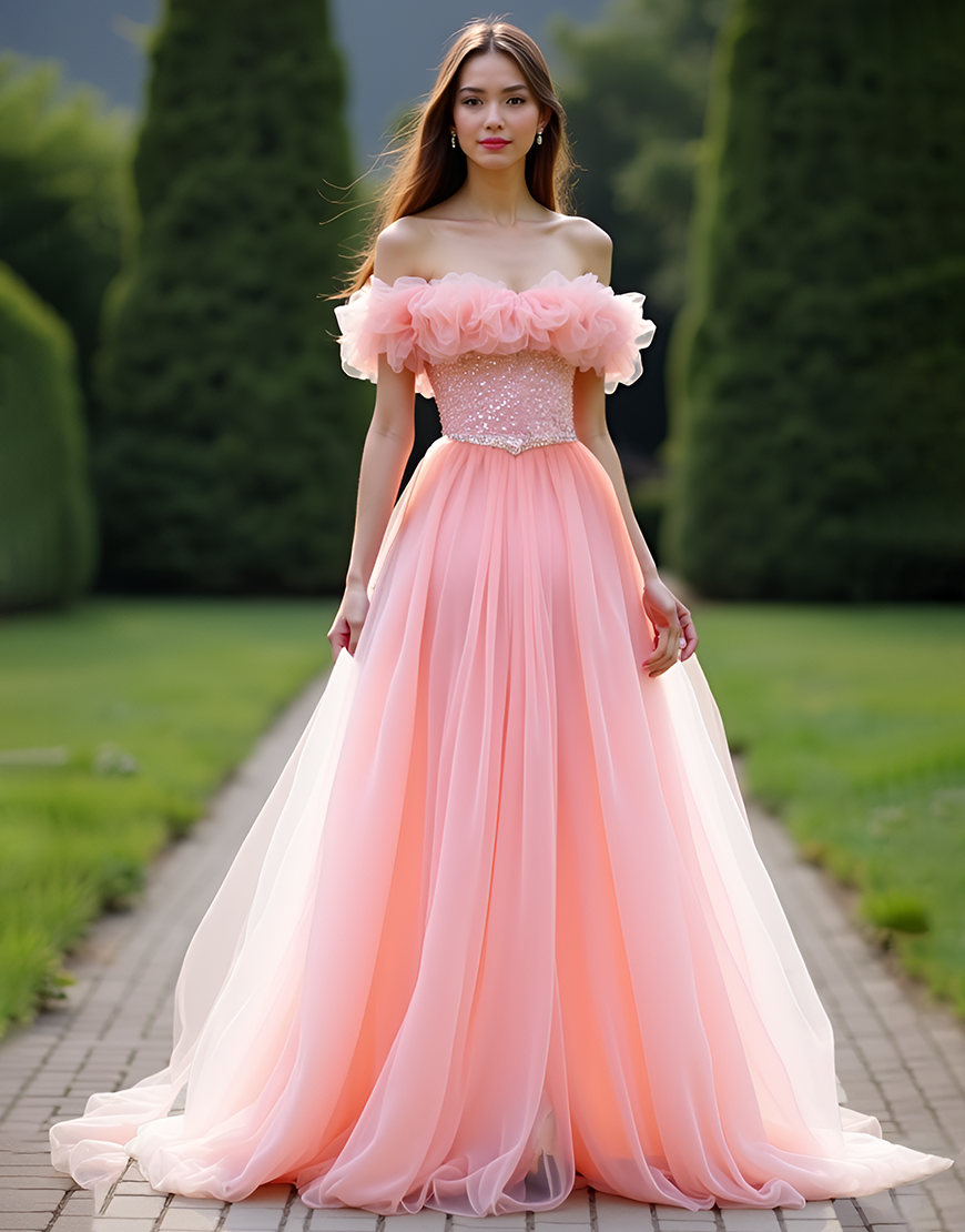 Sparkly Pink A-Line Ruffled Off the Shoulder Tulle Long Prom Dress with Beaded