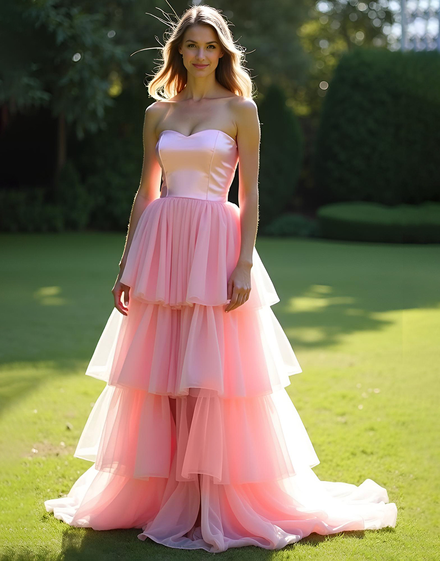 Pink A-Line Strapless Ruffles Tulle Long Prom Dress