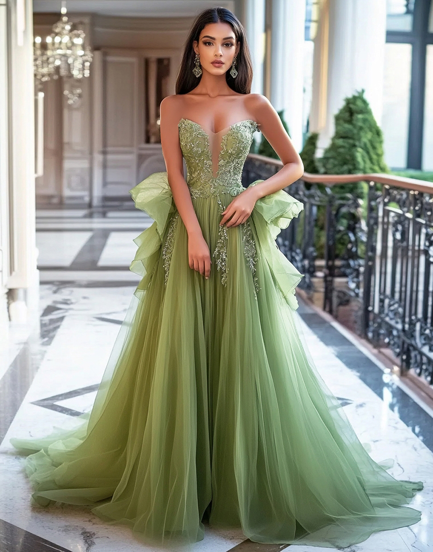 Dusty Sage A-Line Strapless Tulle Ball Gown with Sequined Appliques