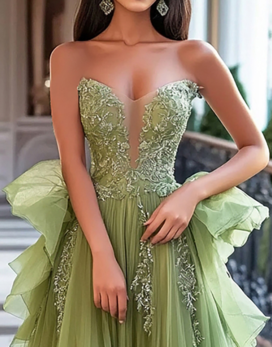 Dusty Sage A-Line Strapless Tulle Ball Gown with Sequined Appliques