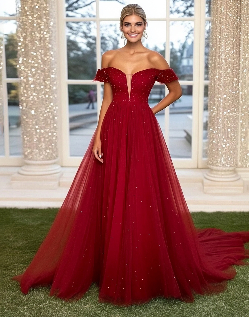 Sparkly Beaded Burgundy A-Line Off the Shoulder Tulle Long Prom Dress