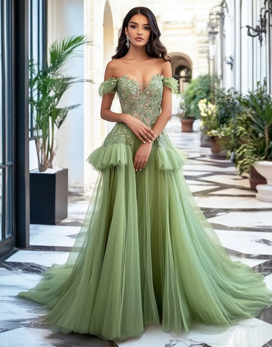 Appliqued Dusty Sage Off the Shoulder Tiered Long Prom Dress