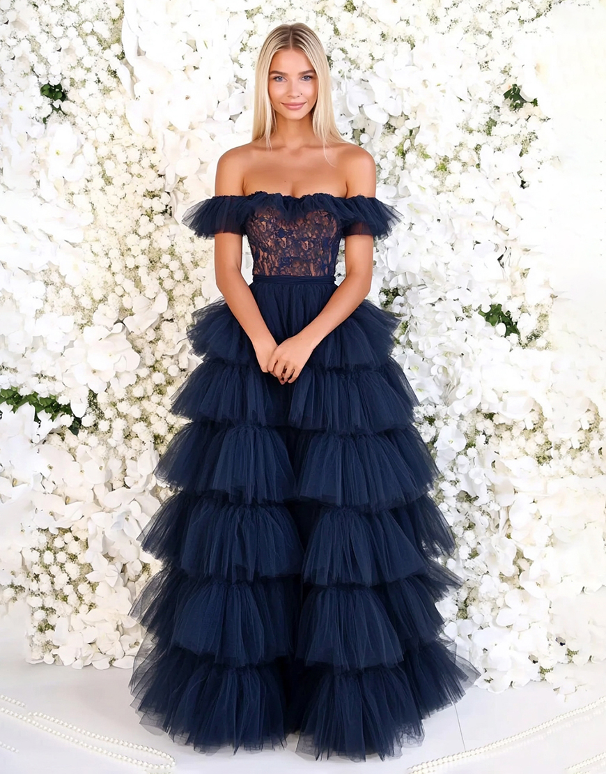 Navy Off the Shoulder Lace Tulle Long Prom Dress With Ruffles