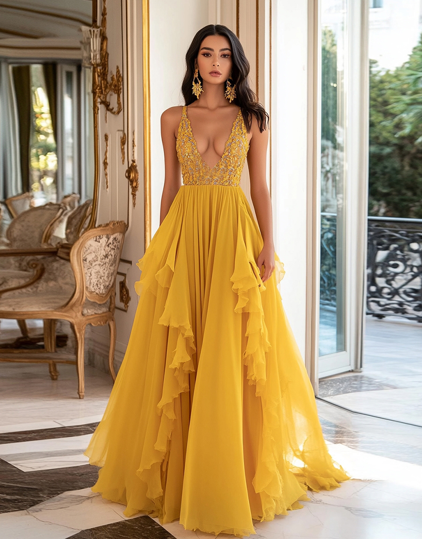 A Line Deep V-Neck Yellow Ruffles Long Prom Dress with Lace