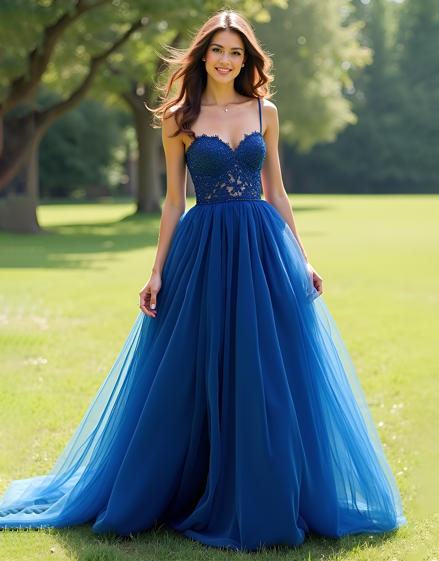 Sparkly Lace Navy Spaghetti Straps Tulle Long Prom Dress