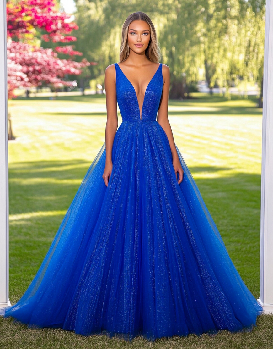 Sparkly A Line Royal Blue V Neck Glitter Long Prom Dress