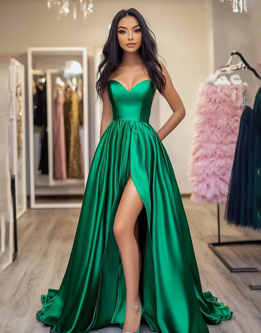 A Line Green Sweetheart Long Satin Prom Dress with Slit