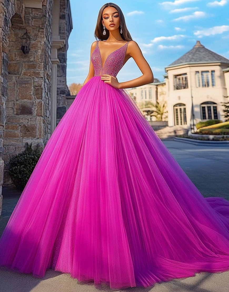 Sparkly Fuchsia V Neck Sequined Ball Gown Tulle Long Prom Dress with Beading