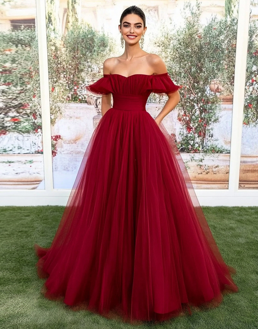 A Line Burgundy Ball Gown Off the Shoulder Tulle Long Prom Dress