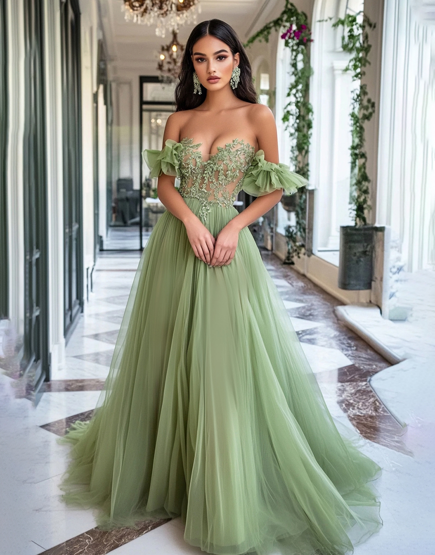 Dusty Sage A Line Off the Shoulder Tulle Long Prom Dress with Lace Appliques