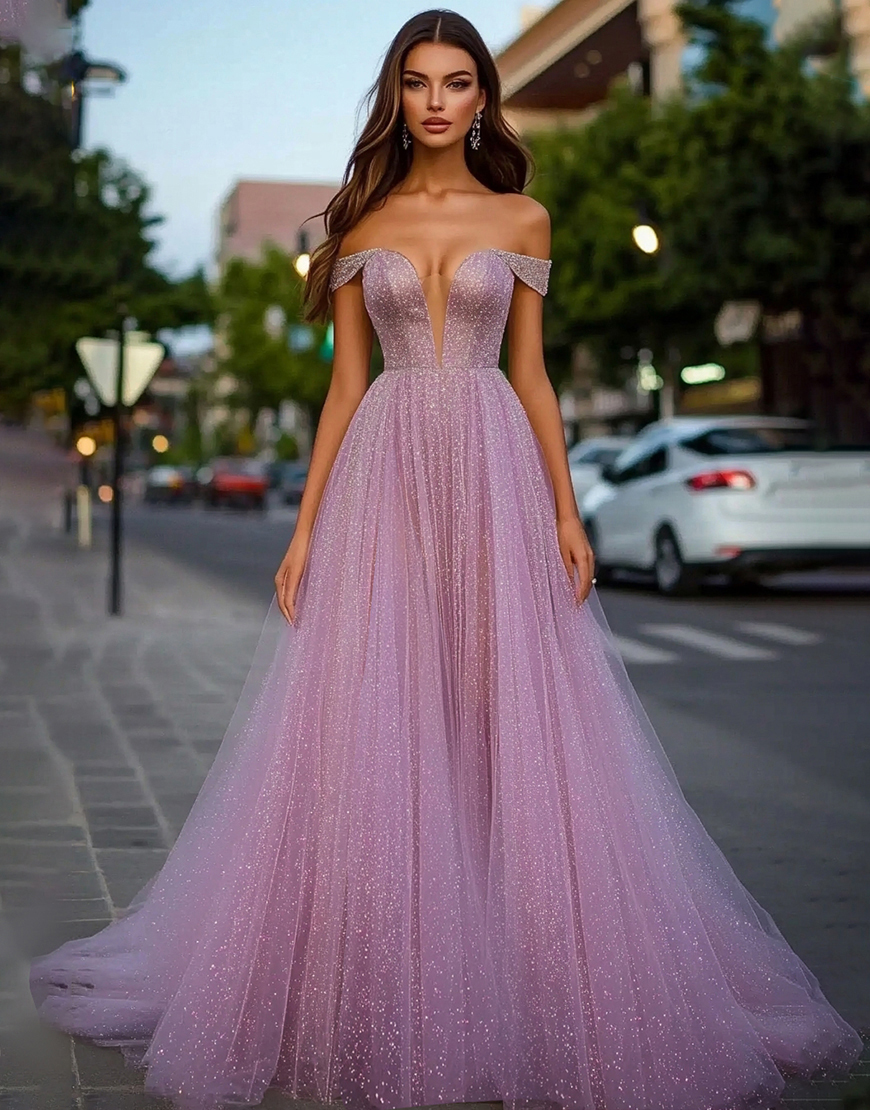 Sparkly Dusty Rose A Line Tulle Long Prom Dress with Sequin
