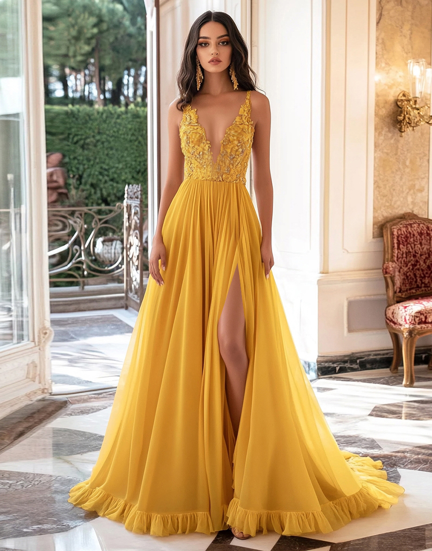 Yellow V-Neck Long Chiffon Prom Dress with Lace Appliques