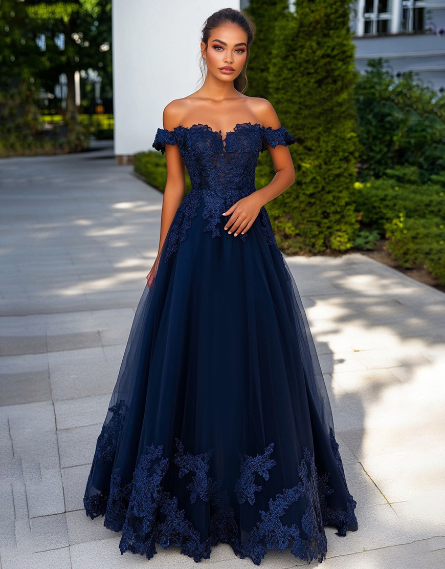 Navy Tulle A Line Off The Shoulder Lace Long Prom Dress with Appliques