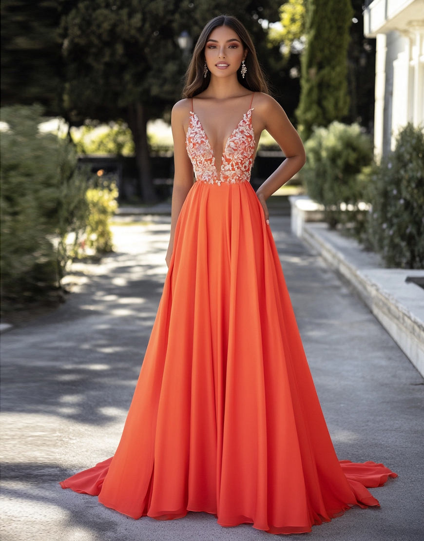 Orange A Line Spaghetti Straps Long Prom Dress with Appliques