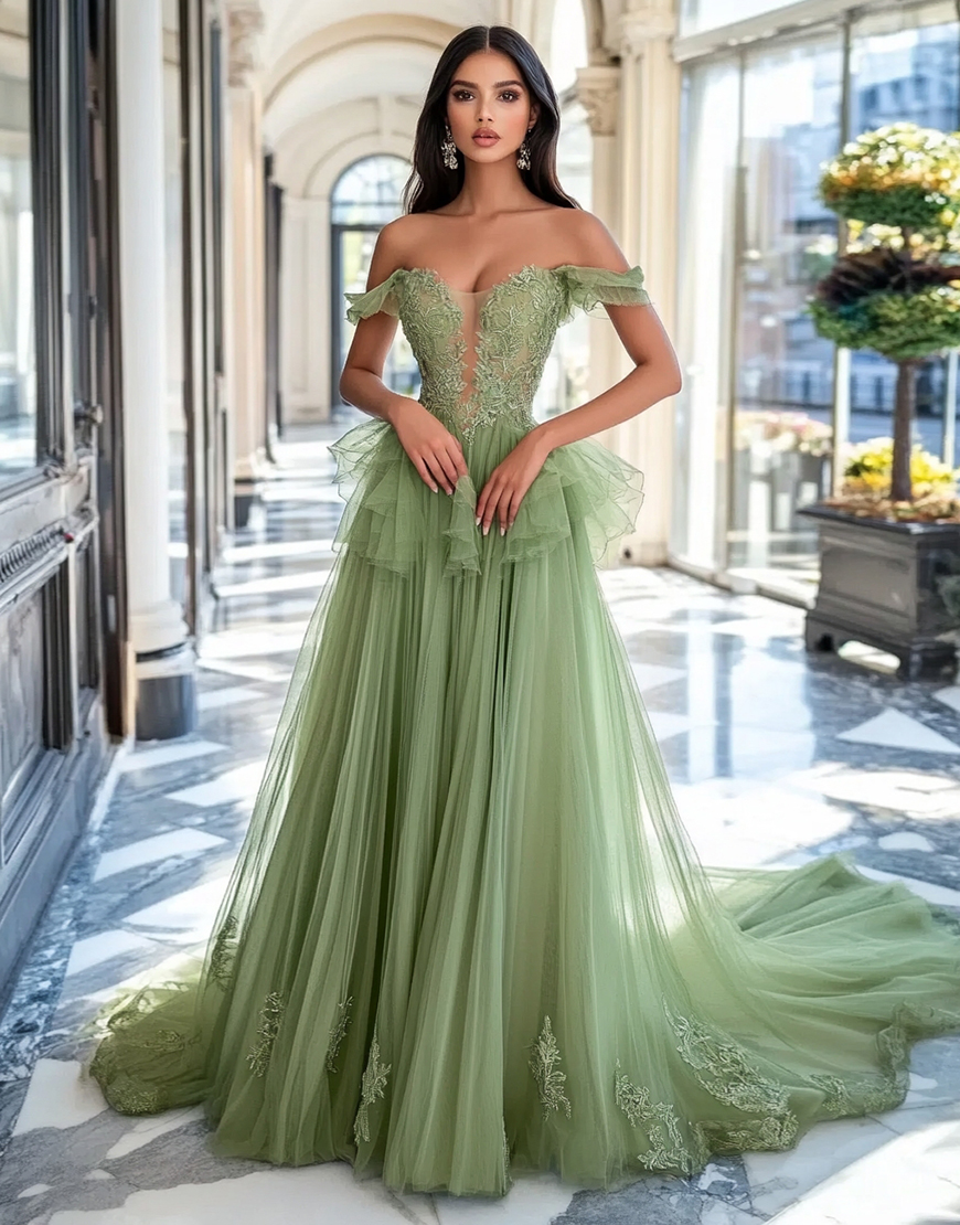 Dusty Sage A Line Off The Shoulder Tulle Long Prom Dress with Appliques