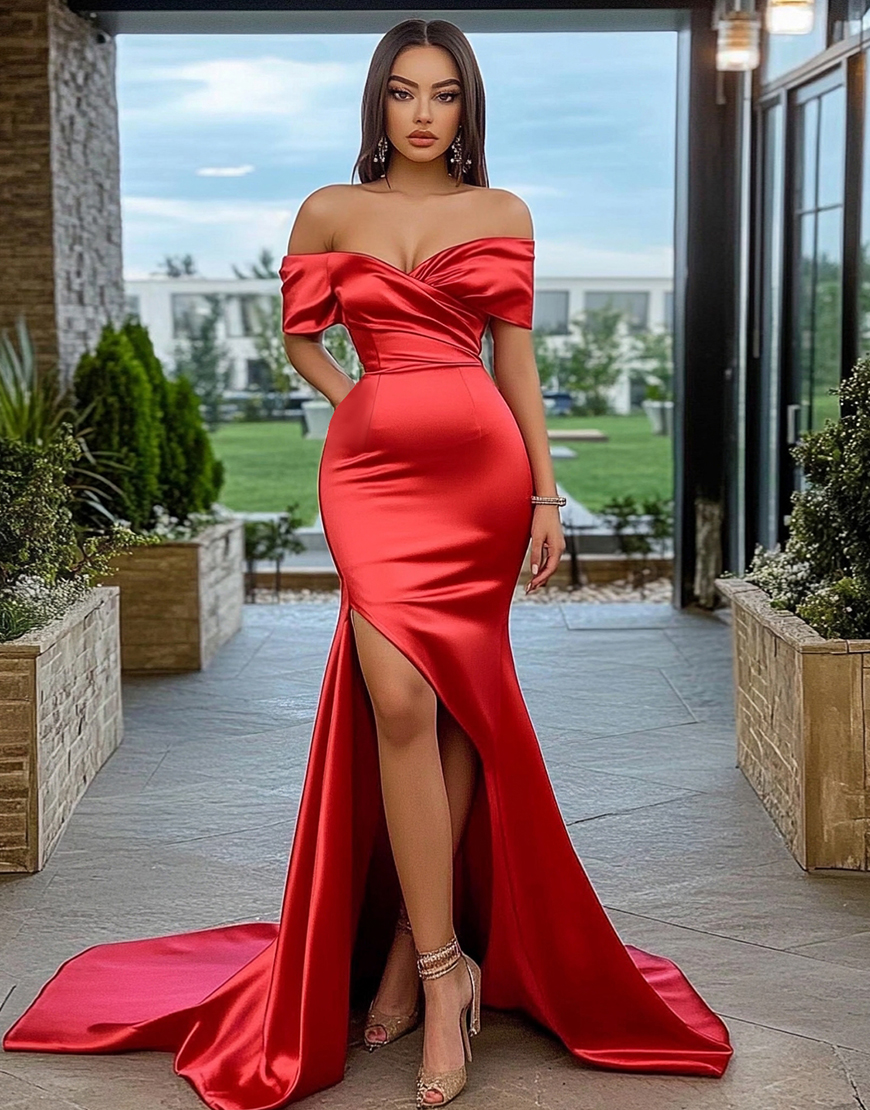 Red Mermaid Off The Shoulder Long Satin Prom Dress with Slit