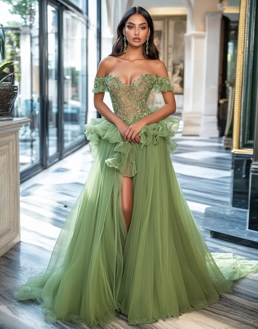 A Line Dusty Sage Tulle Off the Shoulder Long Prom Dress with Appliques