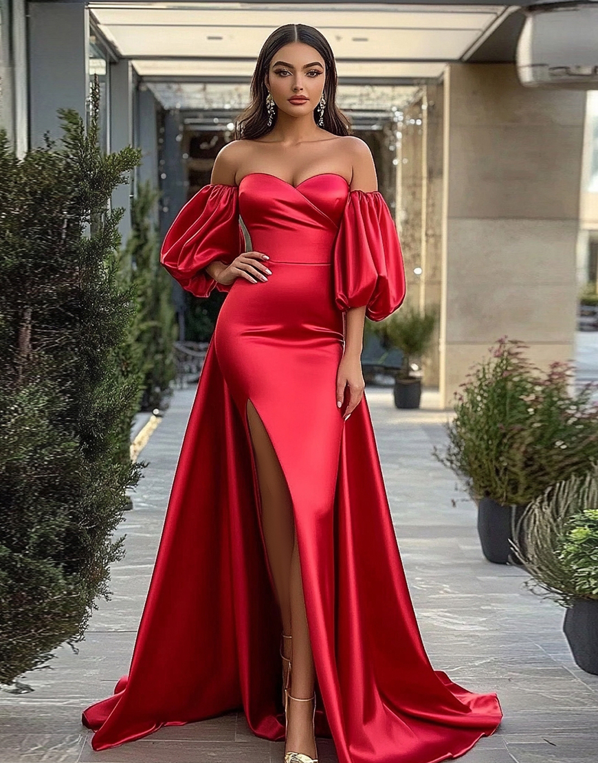 Red A Line Puff Sleeves Long Satin Prom Dress with Slit