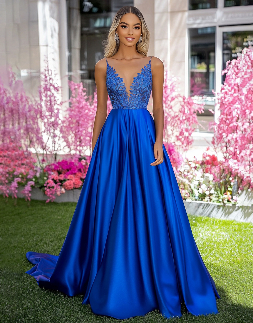 Royal Blue A Line Spaghetti Straps Long Prom Dress with Appliques