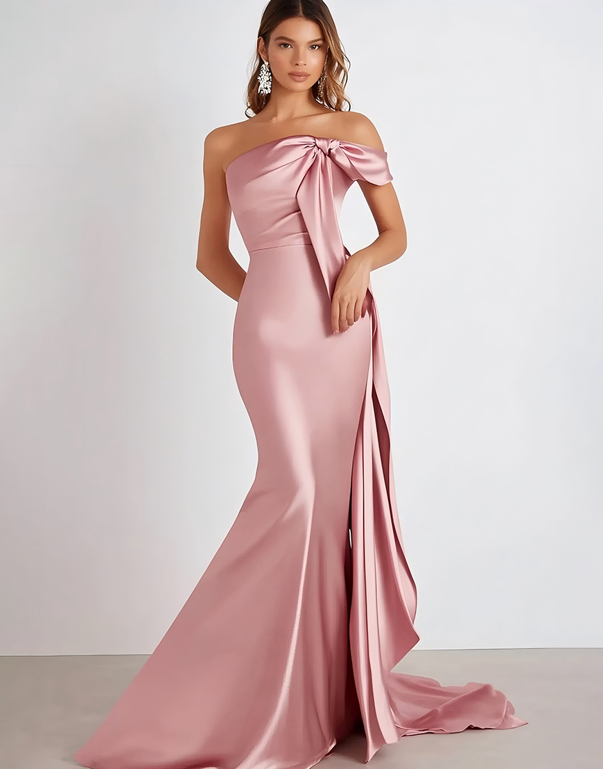 Sheath Pink Off the Shoulder Satin Long Formal Dress