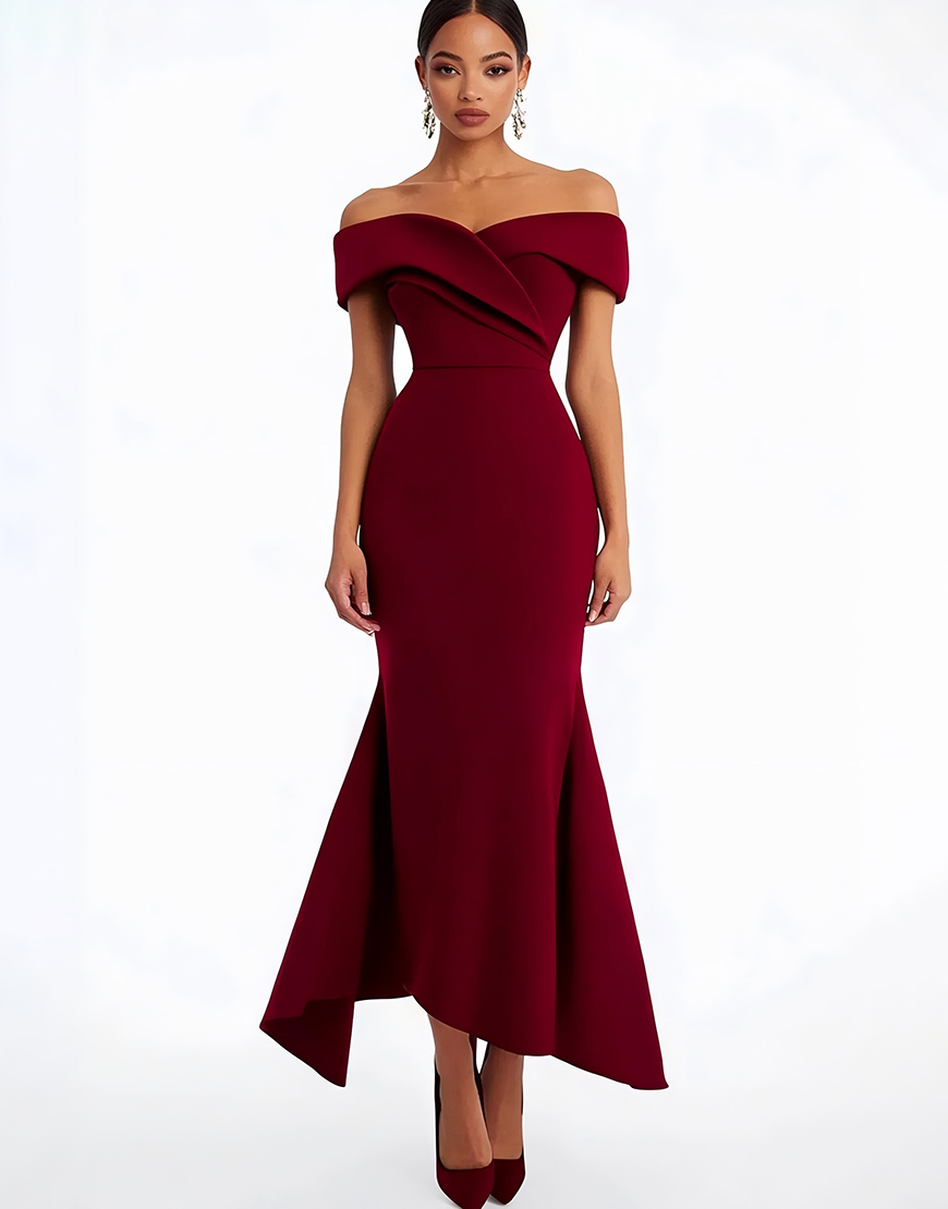 Off the Shoulder Burgundy Satin Mermaid Ankle-Length Formal Dress