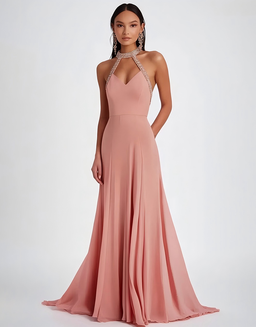 Sparkly Halter Pink Ruched Long Formal Dress with Beading